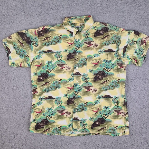 Old Navy Shirt‎ Men's Large Yellow Hawaiian Floral Cotton Button Down Camp - Picture 1 of 10